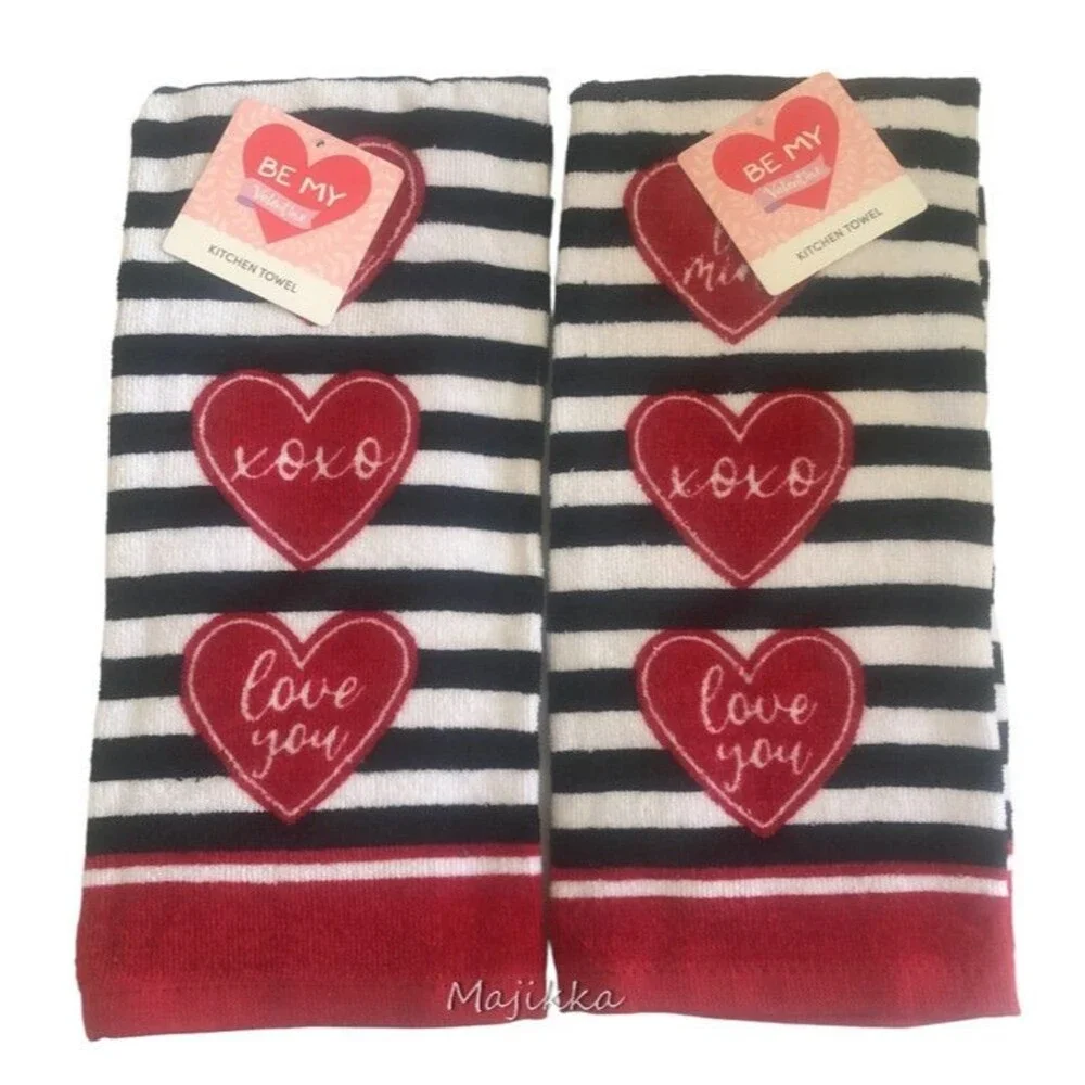 Valentine Kitchen Dish Towels Cotton Be My Valentine XOX Love You Set of 2